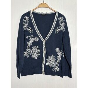 Talbots Embroidered V-Neck Cardigan Womens 1X Blue White Cotton Floral Sweater
